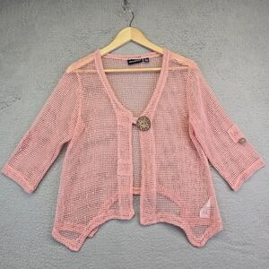 Nina Leonard Open Knit Cardigan Womens L Pink‎ Beachy Mermaid Coastal MODIFIED